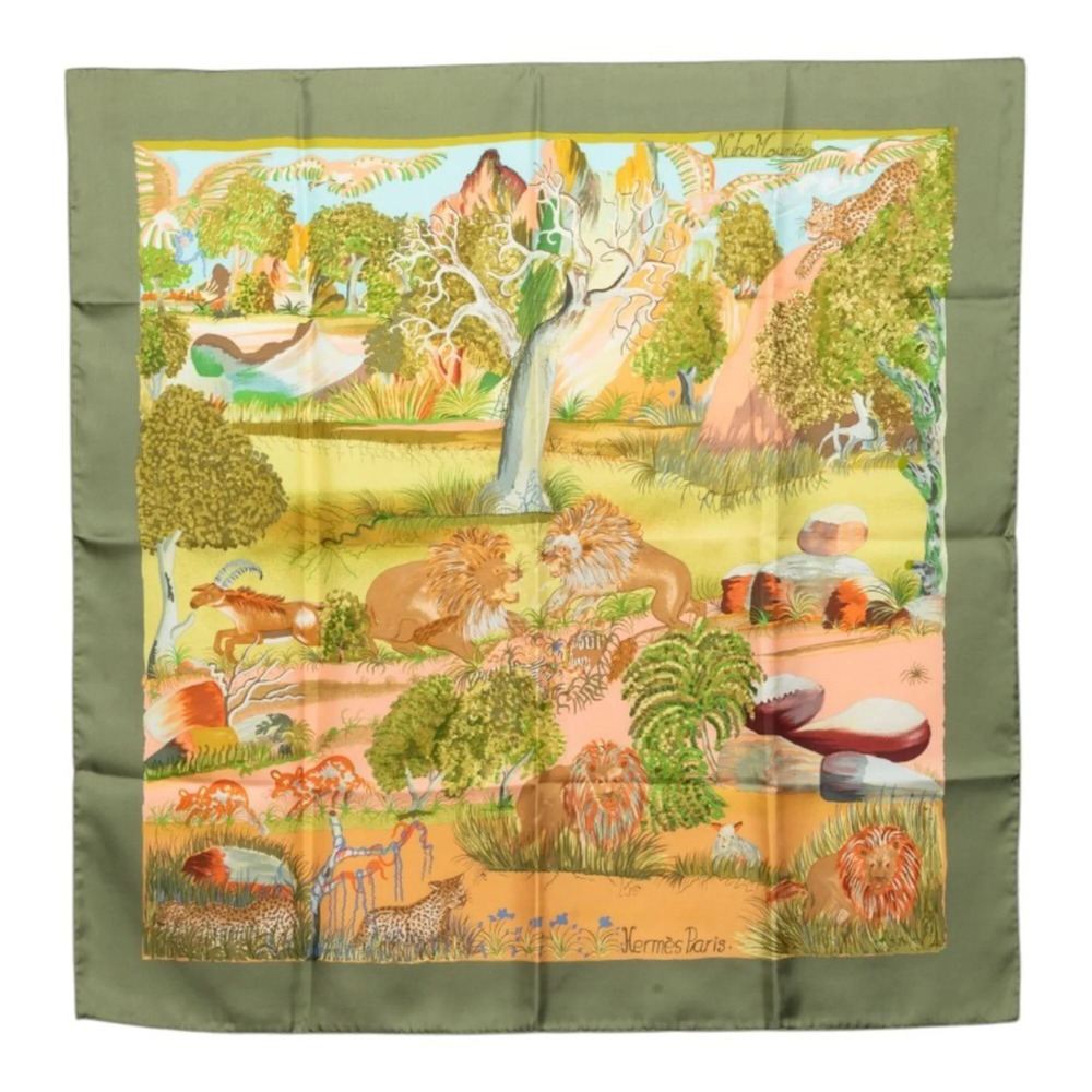 Hermes Carre 90 Nuba Mountain Scarf/Muffler, Green Multicolor Silk, Women's